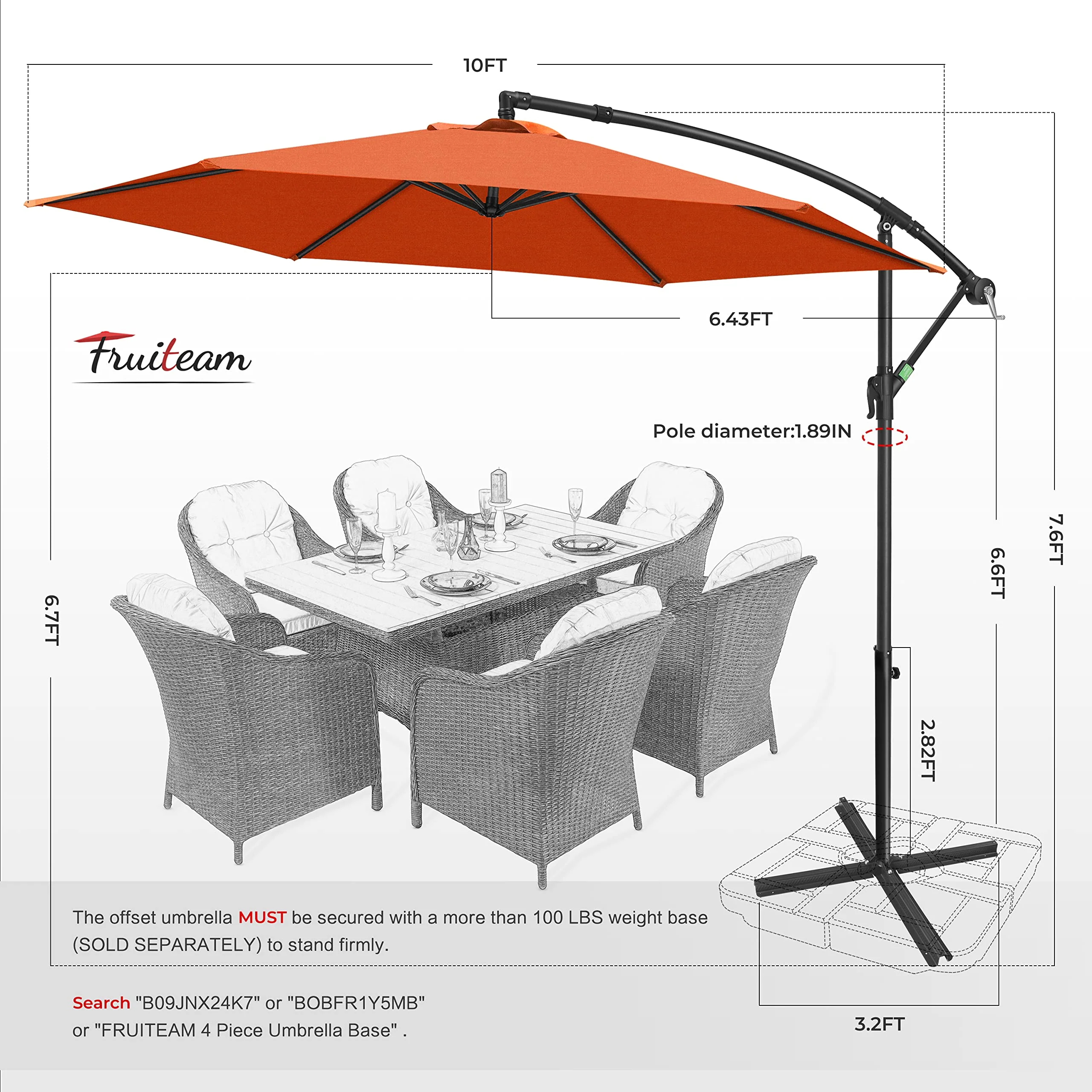 FRUITEAM 10Ft Offset Patio Umbrella, Cantilever Hanging Umbrellas, Outdoor Umbrella Large Market Umbrella with Crank & Cross Bar, Waterproof UV Protection UPF50+ for Garden/Pool/Back… - Image 5