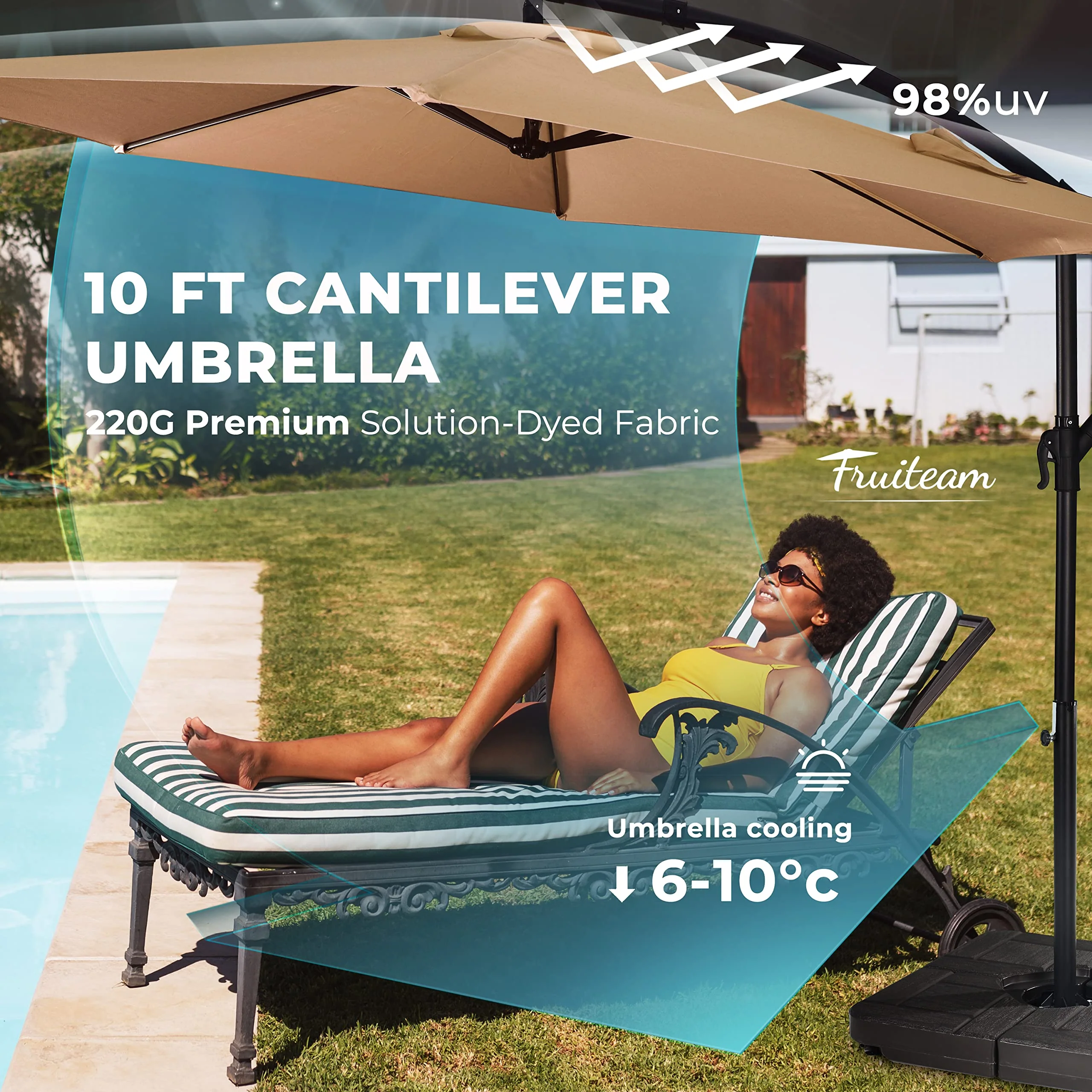 FRUITEAM 10FT Patio Offset Umbrella Cantilever Umbrella, Large Hanging Market Umbrella with Crank & Cross Bar, Waterproof UV Protection Outdoor Umbrella with Ventilation for Backyard, Garden - Image 7