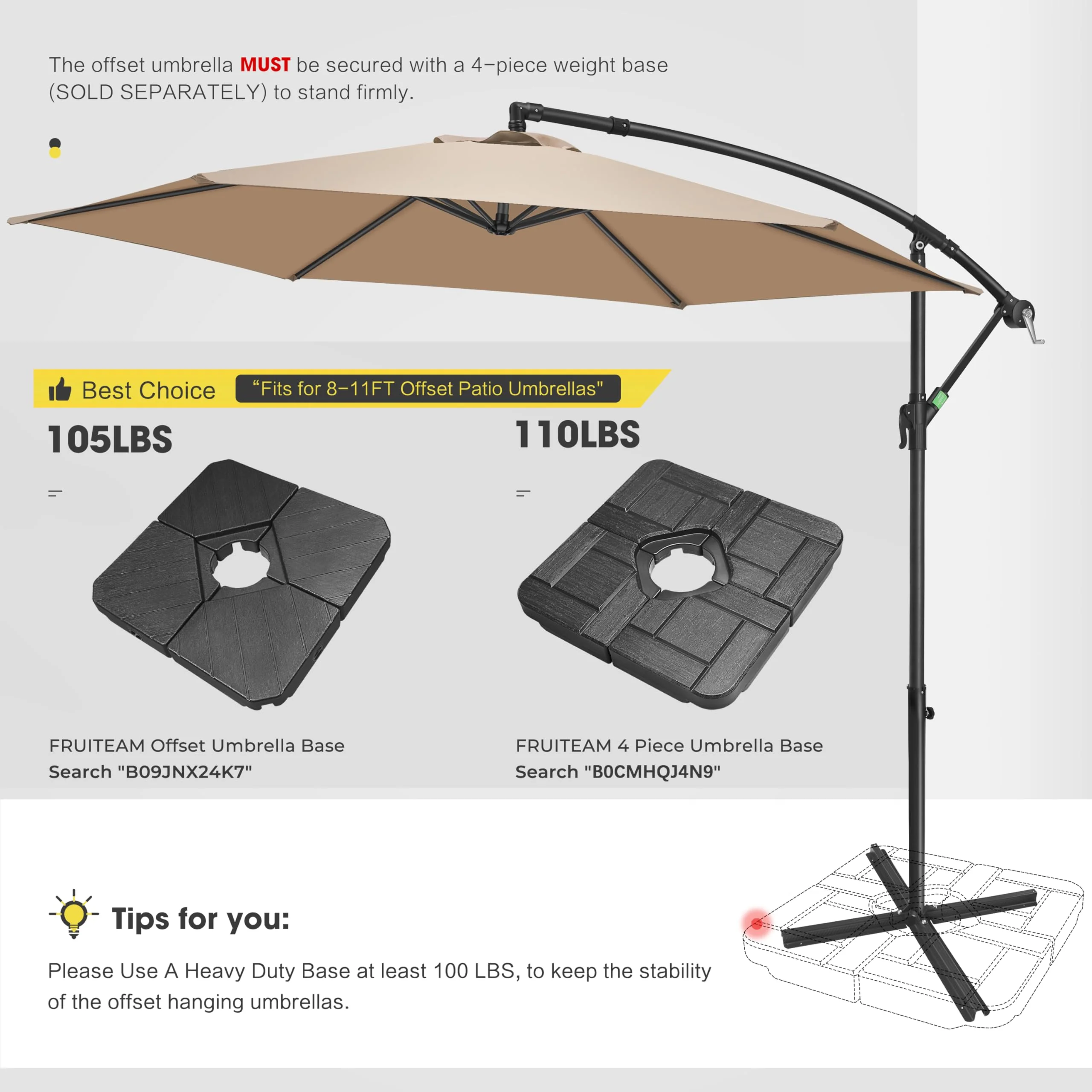 FRUITEAM 10FT Patio Offset Umbrella Cantilever Umbrella, Large Hanging Market Umbrella with Crank & Cross Bar, Waterproof UV Protection Outdoor Umbrella with Ventilation for Backyard, Garden - Image 9