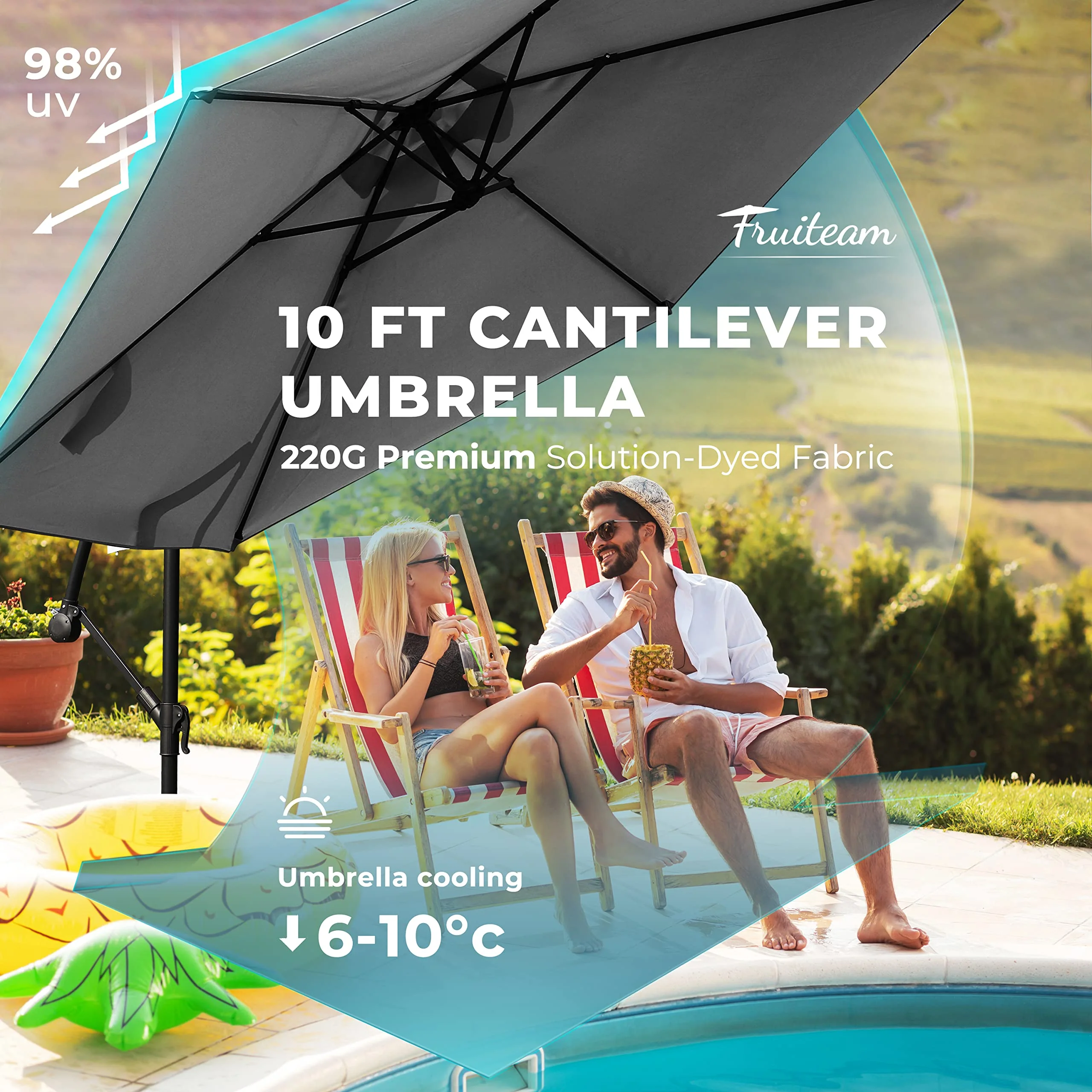 FRUITEAM 10FT Patio Offset Umbrellas Cantilever Umbrella, Large Hanging Market Umbrella Large with Crank, Waterproof UV Protection Outdoor Umbrella with Ventilation for Backyard/Garden - Image 8