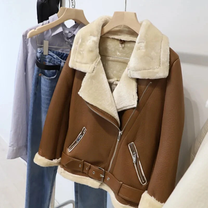 FTLZZ New Winter Women Female Fur Leather JacketFaux Lamb Leather Jacket Aviator Jacket Thick Faux Leather Fur Sheepskin Coat - Image 10