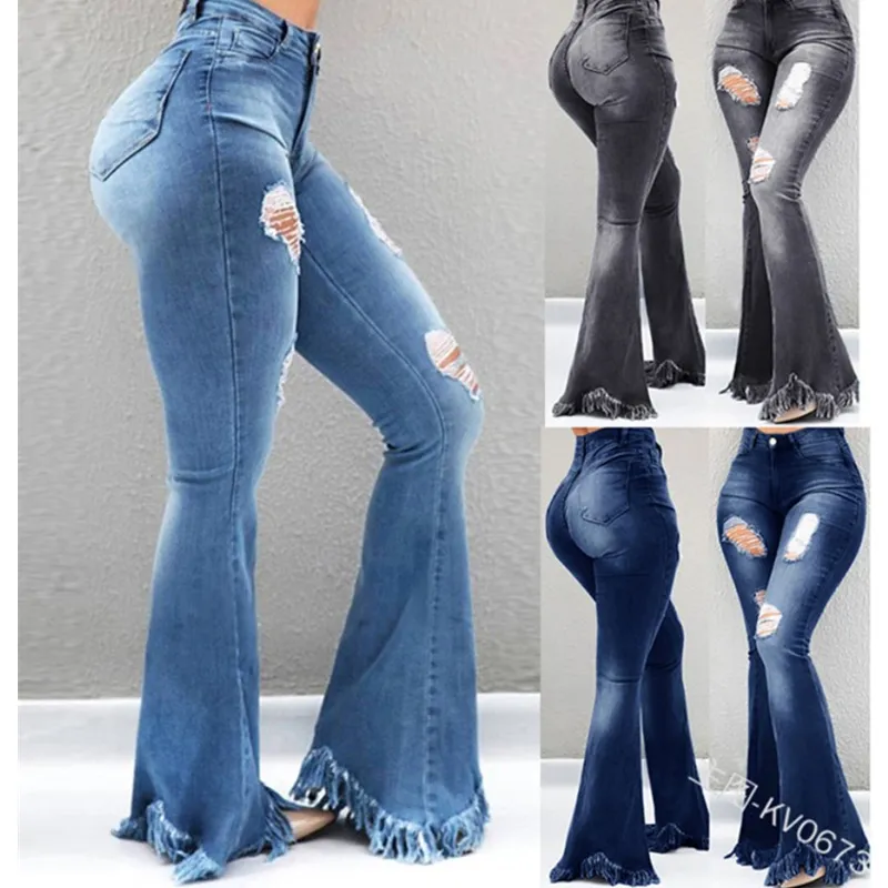 Full Length Denim Flare Capris Pants Pocket Holes Bell Bottom Trousers Boot Cut Ruffle Denim Pants Women Flare Jeans - Image 2