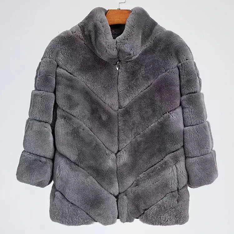 Furyoume Winter Real Rex Rabbit Fur Coat Women Short Fur Jacket Natural Chinchilla Fur Coats Fashion Streetwear Outerwear - Image 10