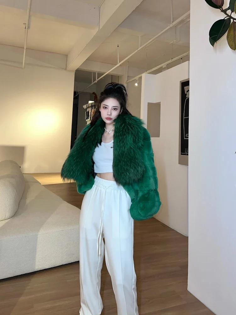 Furyoume Women Coat Real Rex Rabbit Fur Jacket With Natural Raccoon Fur Collar Women Winter Outerwear Chinchilla Fur Overcoat - Image 3