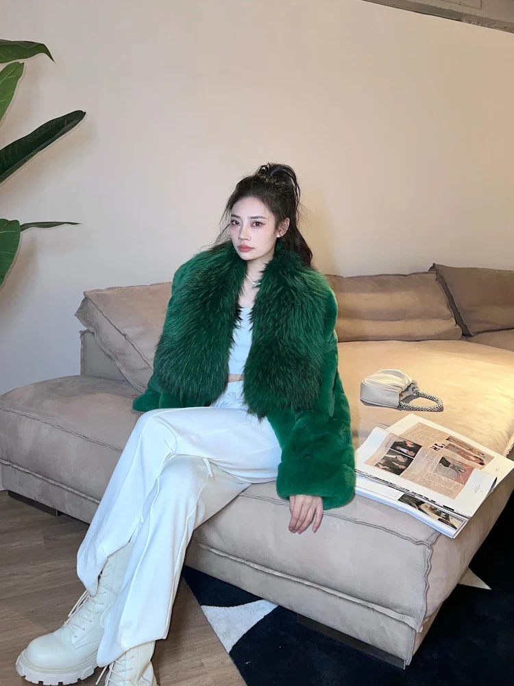 Furyoume Women Coat Real Rex Rabbit Fur Jacket With Natural Raccoon Fur Collar Women Winter Outerwear Chinchilla Fur Overcoat - Image 4