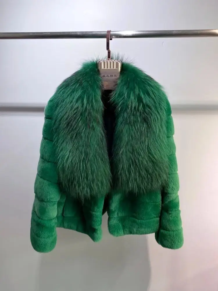 Furyoume Women Coat Real Rex Rabbit Fur Jacket With Natural Raccoon Fur Collar Women Winter Outerwear Chinchilla Fur Overcoat - Image 7