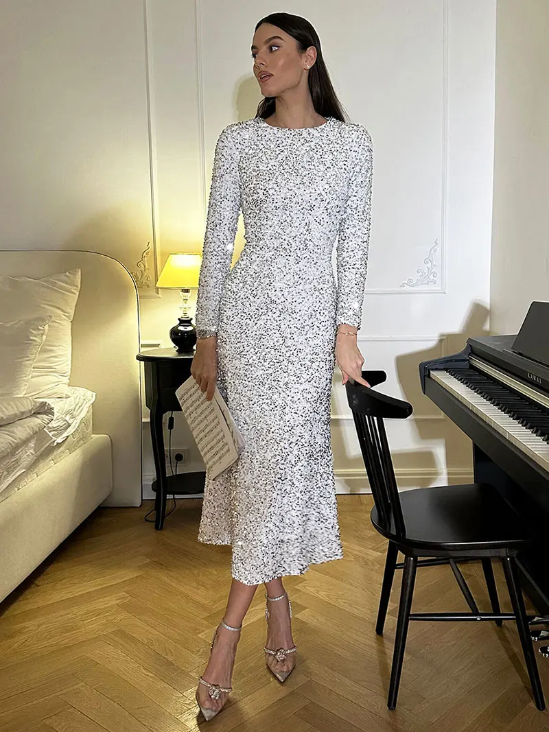 GACVGA Fashion Sequined Party Slim Midi Dress For Women 2025 Autumn Winter Elegant Long Sleeve Sexy Bodycon Evening Dresses - Image 11