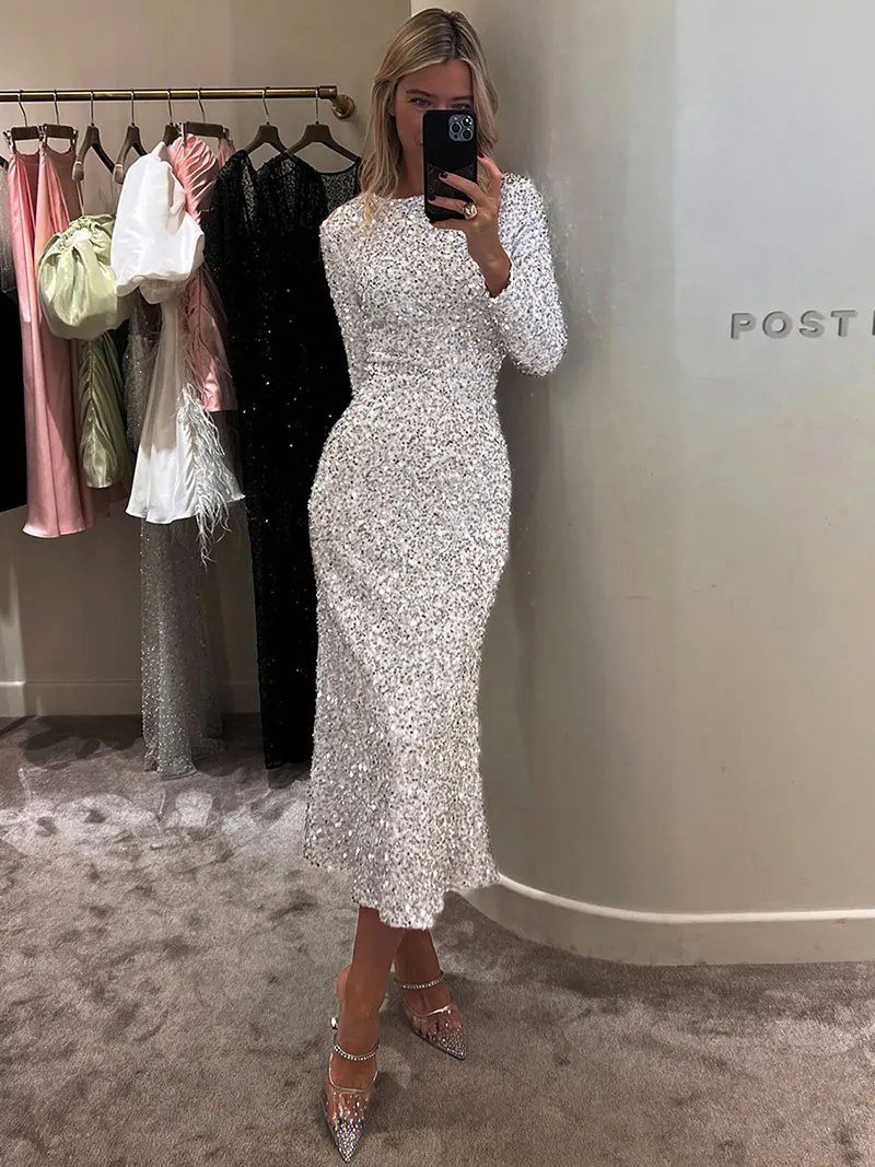 GACVGA Fashion Sequined Party Slim Midi Dress For Women 2025 Autumn Winter Elegant Long Sleeve Sexy Bodycon Evening Dresses - Image 12