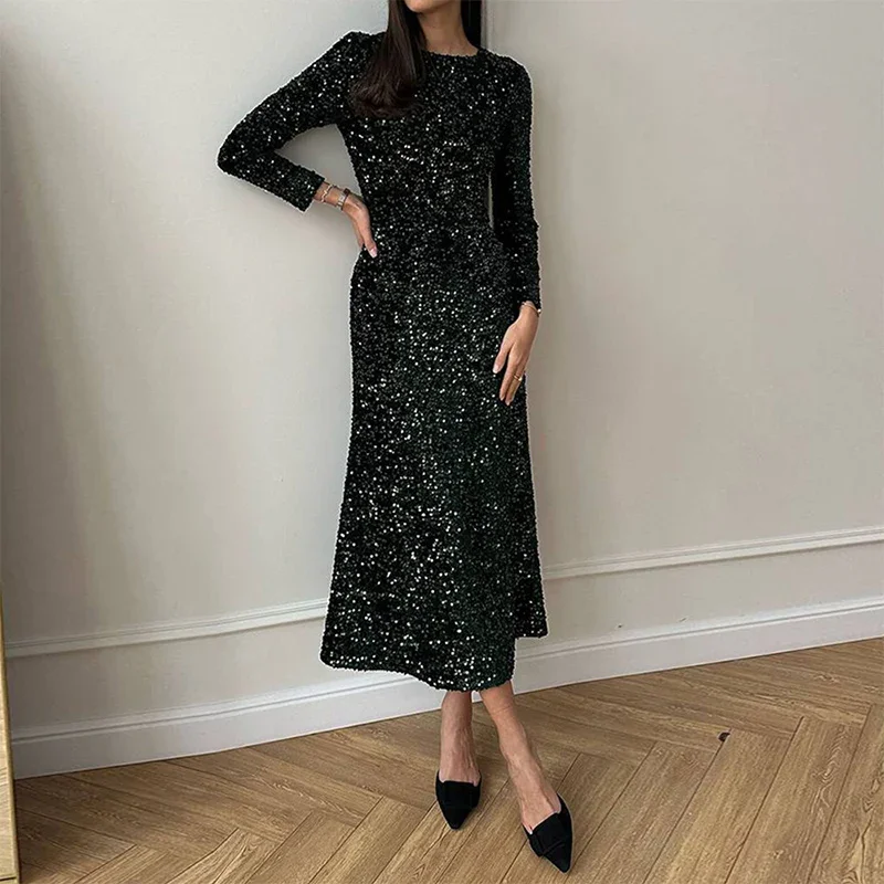 GACVGA Fashion Sequined Party Slim Midi Dress For Women 2025 Autumn Winter Elegant Long Sleeve Sexy Bodycon Evening Dresses - Image 18