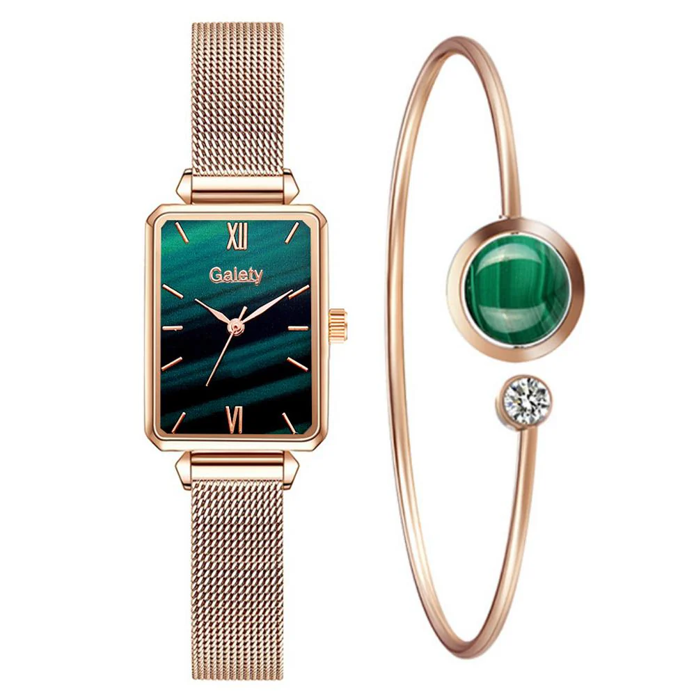 Gaiety Brand Women Watches Fashion Square Ladies Quartz Watch Bracelet Set Green Dial Simple Rose Gold Mesh Luxury Women Watches - Image 22