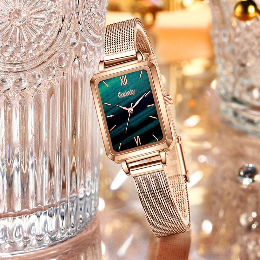 Gaiety Brand Women Watches Fashion Square Ladies Quartz Watch Bracelet Set Green Dial Simple Rose Gold Mesh Luxury Women Watches - Image 24