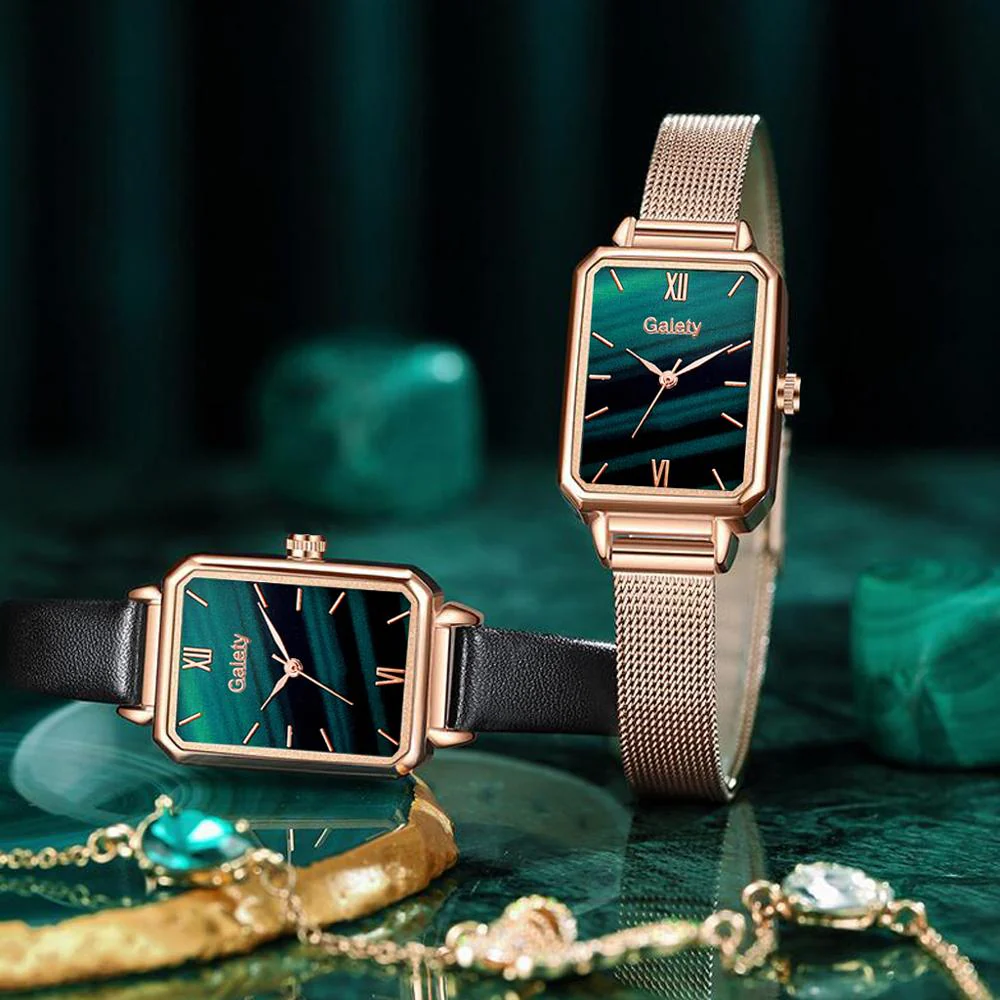 Gaiety Brand Women Watches Fashion Square Ladies Quartz Watch Bracelet Set Green Dial Simple Rose Gold Mesh Luxury Women Watches - Image 25