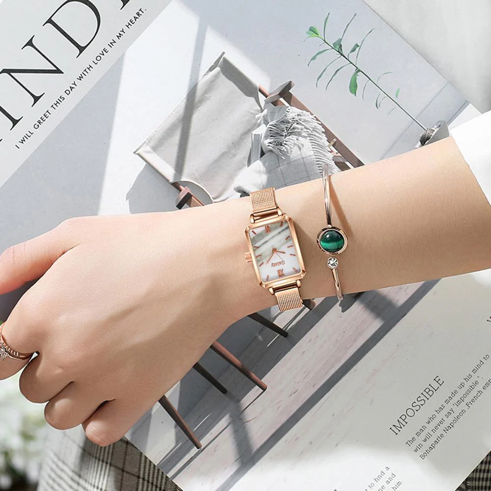 Gaiety Brand Women Watches Fashion Square Ladies Quartz Watch Bracelet Set Green Dial Simple Rose Gold Mesh Luxury Women Watches - Image 26