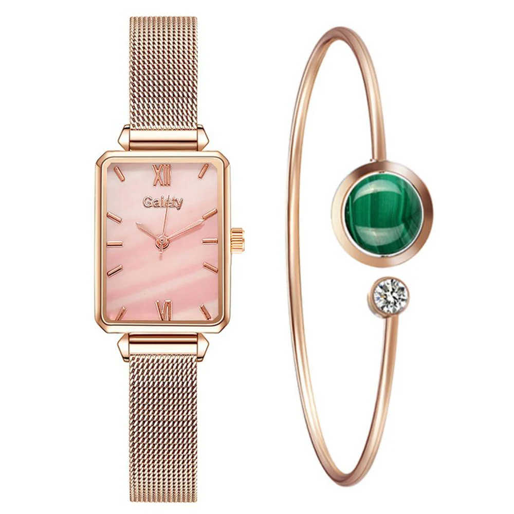 Gaiety Brand Women Watches Fashion Square Ladies Quartz Watch Bracelet Set Green Dial Simple Rose Gold Mesh Luxury Women Watches - Image 4