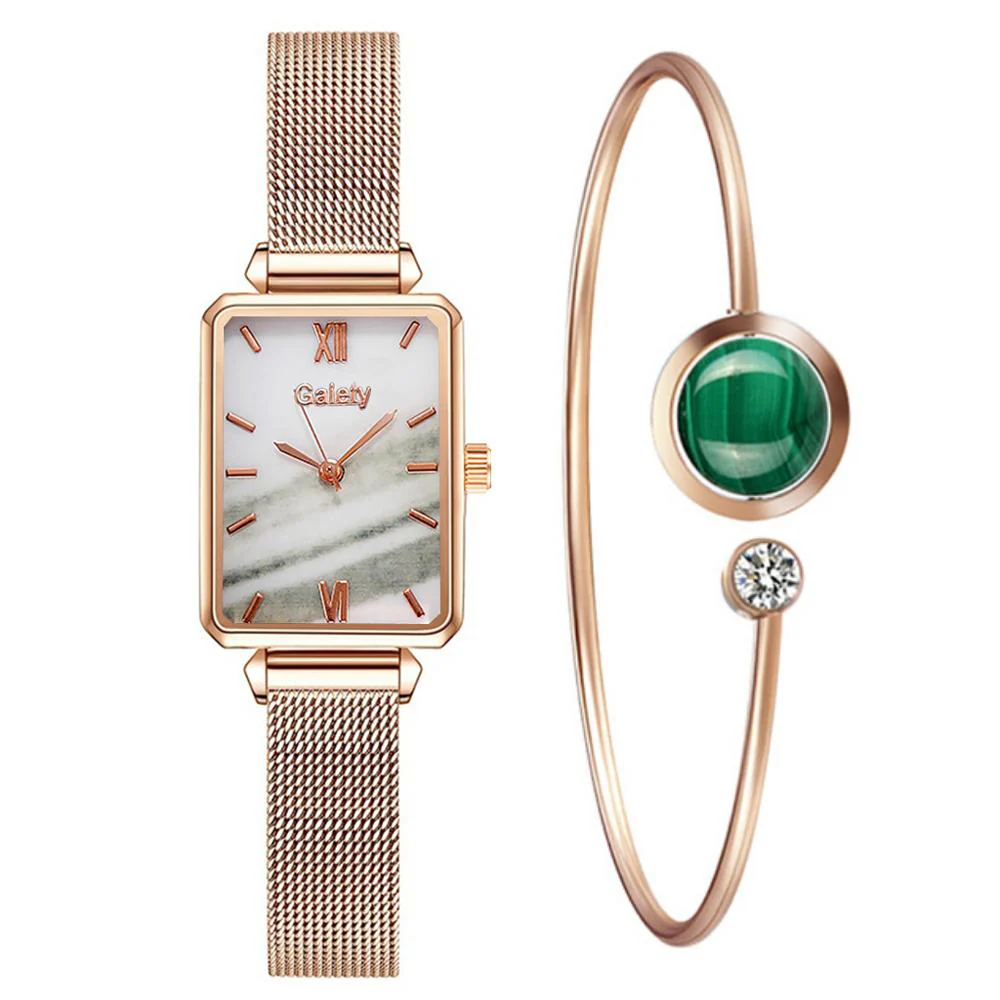 Gaiety Brand Women Watches Fashion Square Ladies Quartz Watch Bracelet Set Green Dial Simple Rose Gold Mesh Luxury Women Watches - Image 5