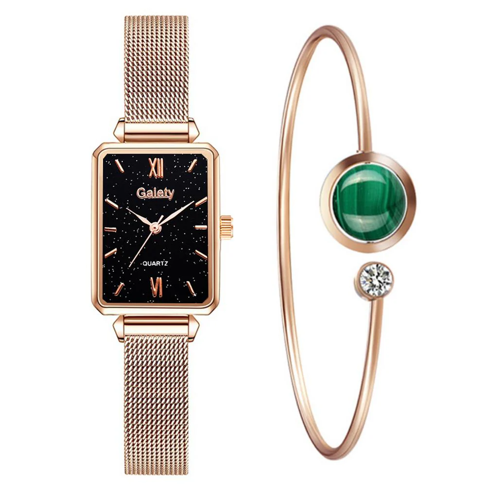 Gaiety Brand Women Watches Fashion Square Ladies Quartz Watch Bracelet Set Green Dial Simple Rose Gold Mesh Luxury Women Watches - Image 6
