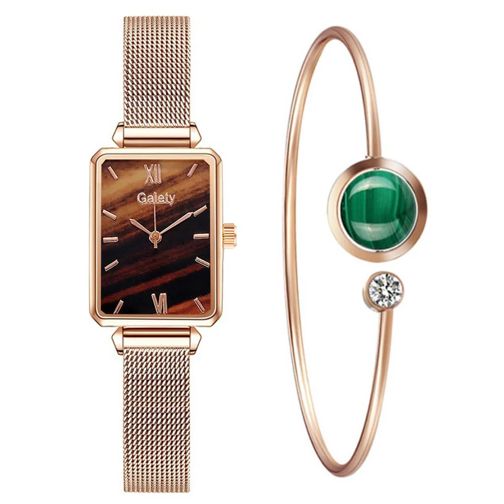 Gaiety Brand Women Watches Fashion Square Ladies Quartz Watch Bracelet Set Green Dial Simple Rose Gold Mesh Luxury Women Watches - Image 8