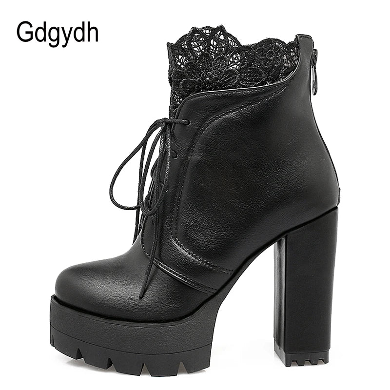 Gdgydh 2022 Autumn Women Lacing Platform Boots High Heels Female Black Platform Heels Spring Short Boots Ladies Shoes for Party - Image 7
