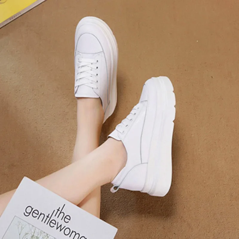 Genuine Leather Shoes Women Sneakers Height Increasing Shoes Casual Woman White Footwear New Spring Summer Thick Sole 5cm A1437 - Image 4