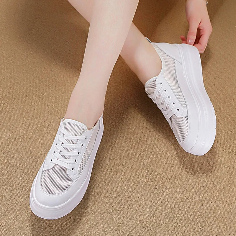Genuine Leather Shoes Women Sneakers Height Increasing Shoes Casual Woman White Footwear New Spring Summer Thick Sole 5cm A1437 - Image 7