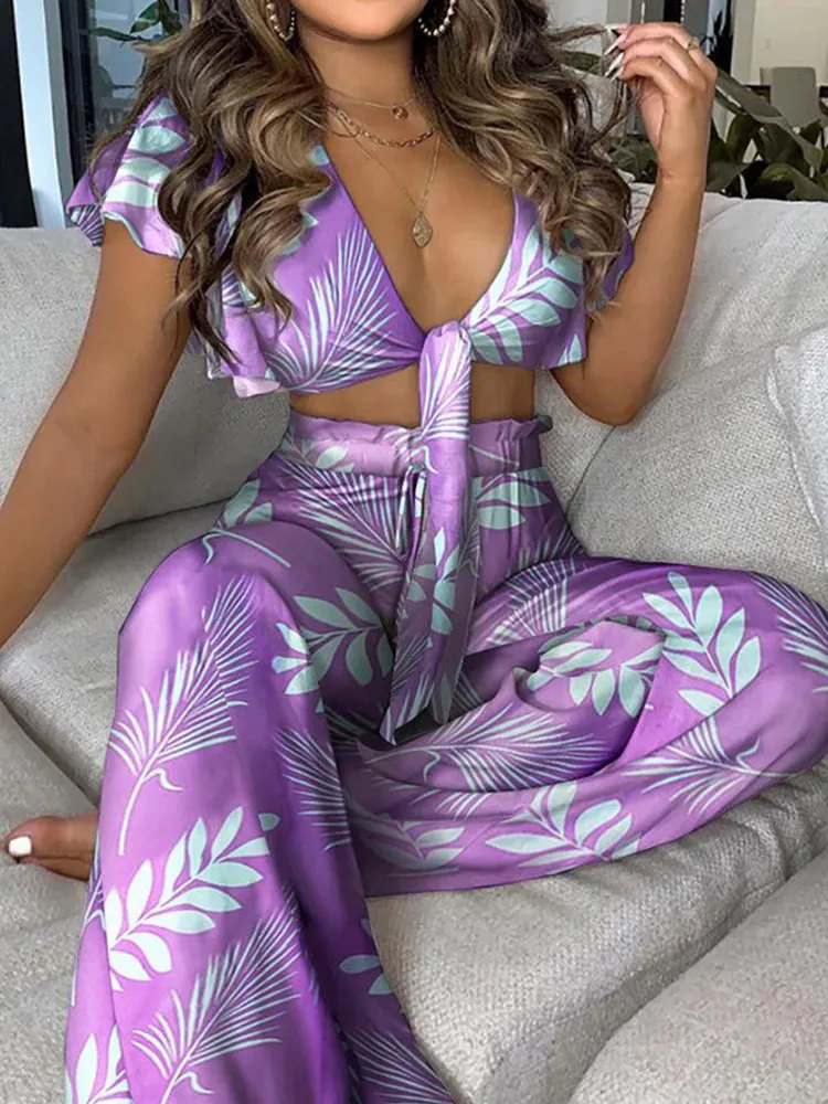 Geometric Colorblock Print Lace Up Elegant Fashion Two Piece Set Women Buttfly Sleeve V Neck Navel High Waist 2 Piece Set Women - Image 5
