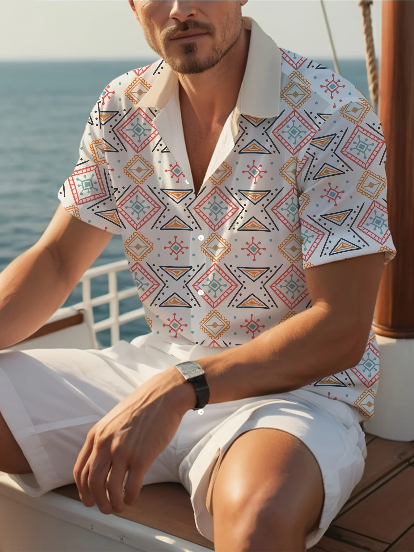 Geometric Print Men's Casual Shirt, Beach Travel Top, Fashionable Short Sleeve Summer Wear, For Beach Outdoor Holiday - Image 2