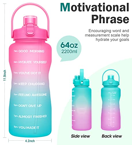 Geritto Half Gallon Water Bottle with 2-in-1 Lid (Straw lid/Chug Lid), 64oz Large Capacity Water Jug BPA-free, Leak-proof Water Jugs with Time marker for Gym Outdoor - Image 3