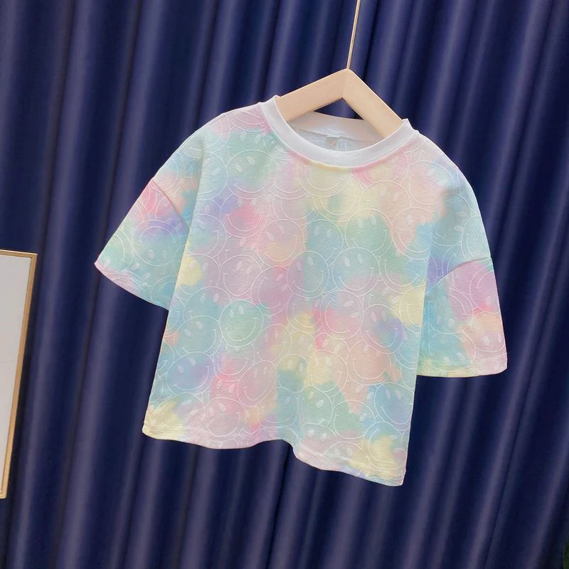 Girls 2023 Summer New Fashion Ice Silk Rainbow Gradient Color Loose 2pcs T-shirts+pants Suits 3-12 Years Kids Tie-dyed Clothing - Image 3