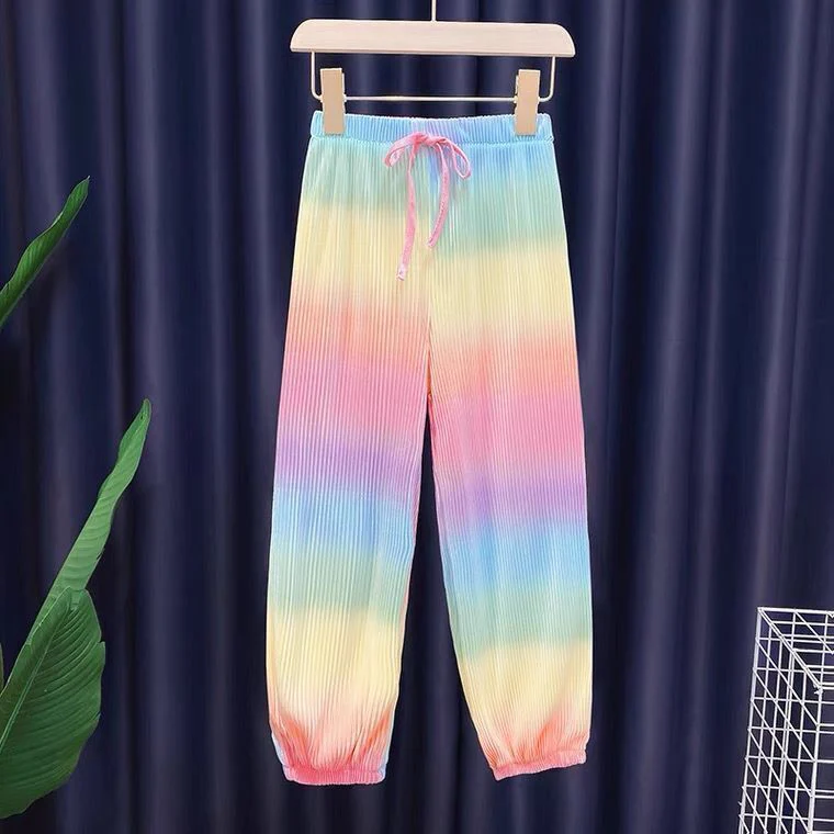 Girls 2023 Summer New Fashion Ice Silk Rainbow Gradient Color Loose 2pcs T-shirts+pants Suits 3-12 Years Kids Tie-dyed Clothing - Image 4