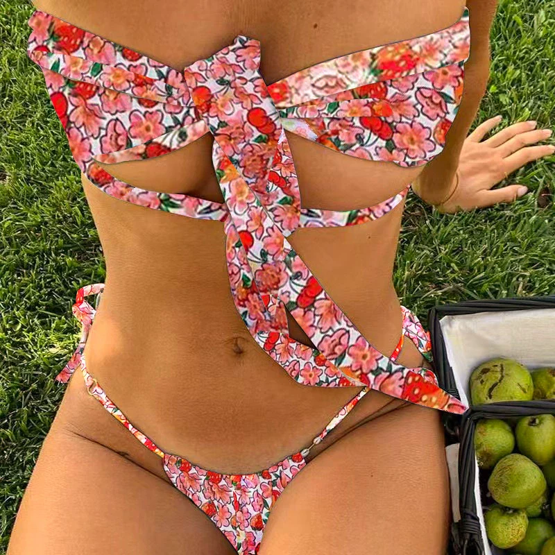 Girls Fresh Print Sweet Cutout Strap Separates Swimsuit with Chest Pad Bikini Swimsuit Sexy Bikini - Image 10