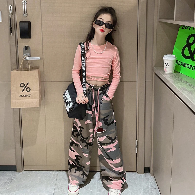 Girls Set Slim Tops Ripped Camouflage Pants Dance Two Piece Autumn Teenager Kids Sportswear 12 13 14 Years Children's Clothing - Image 3