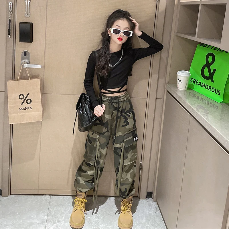 Girls Set Slim Tops Ripped Camouflage Pants Dance Two Piece Autumn Teenager Kids Sportswear 12 13 14 Years Children's Clothing - Image 4