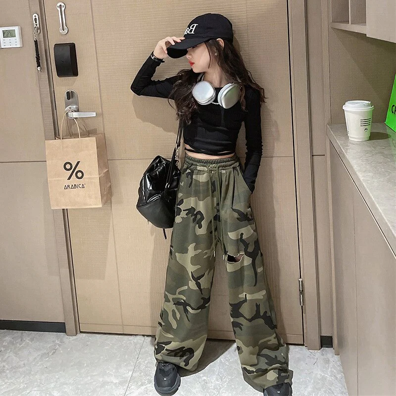 Girls Set Slim Tops Ripped Camouflage Pants Dance Two Piece Autumn Teenager Kids Sportswear 12 13 14 Years Children's Clothing - Image 6