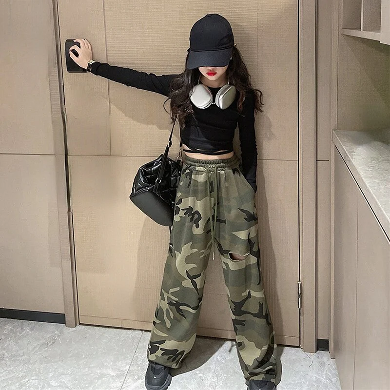 Girls Set Slim Tops Ripped Camouflage Pants Dance Two Piece Autumn Teenager Kids Sportswear 12 13 14 Years Children's Clothing - Image 8