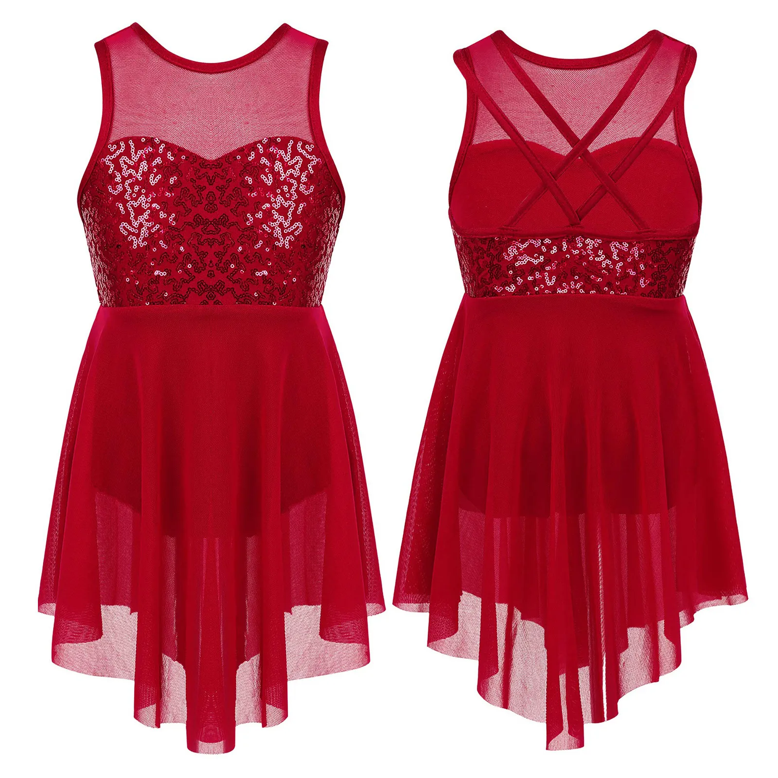 Girls Shiny Rhinestone Jazz Ballet Dance Dress Decorated Collar Sequins Mesh Tassel Hem Dance Leotards Dance Performance Dress - Image 17