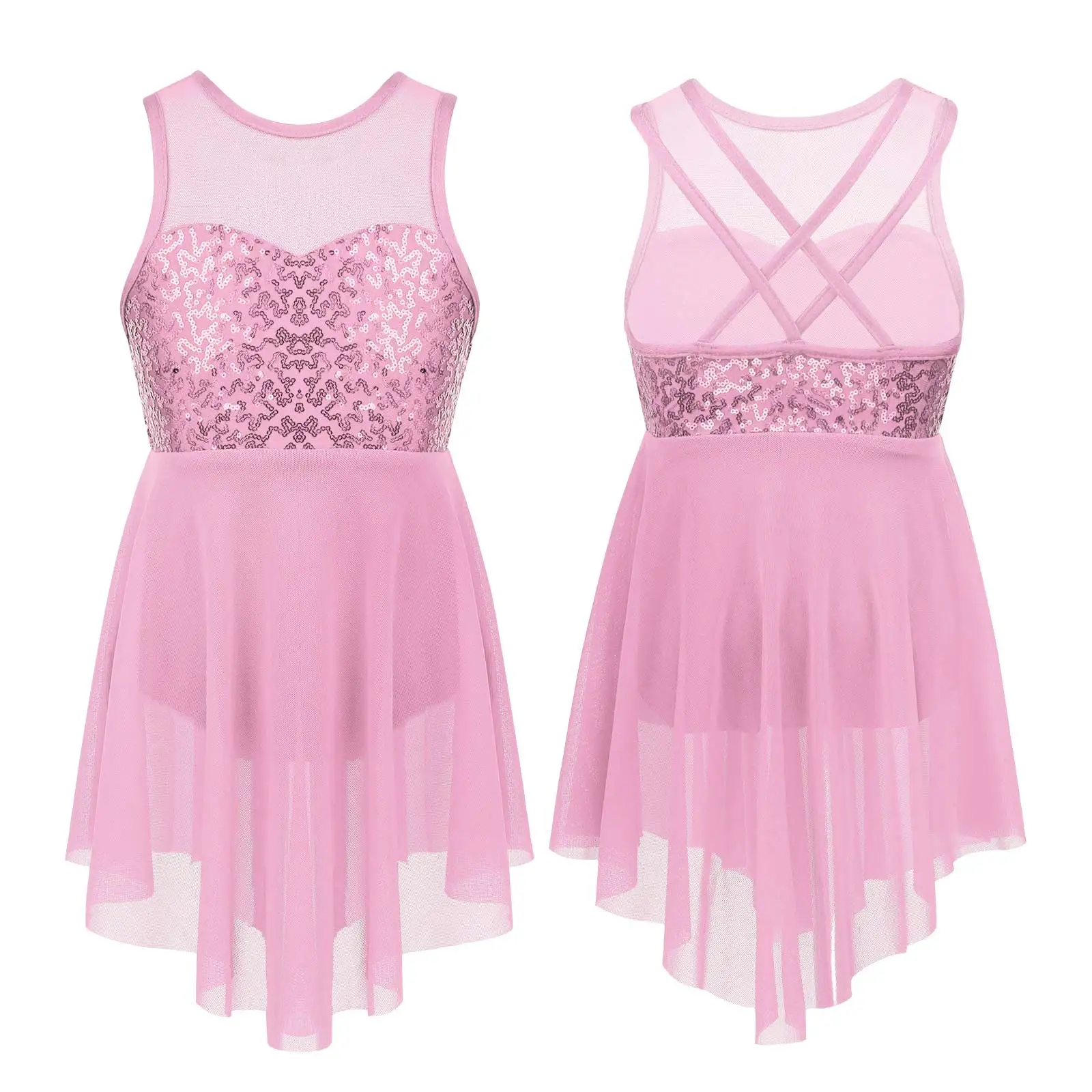 Girls Shiny Rhinestone Jazz Ballet Dance Dress Decorated Collar Sequins Mesh Tassel Hem Dance Leotards Dance Performance Dress - Image 21