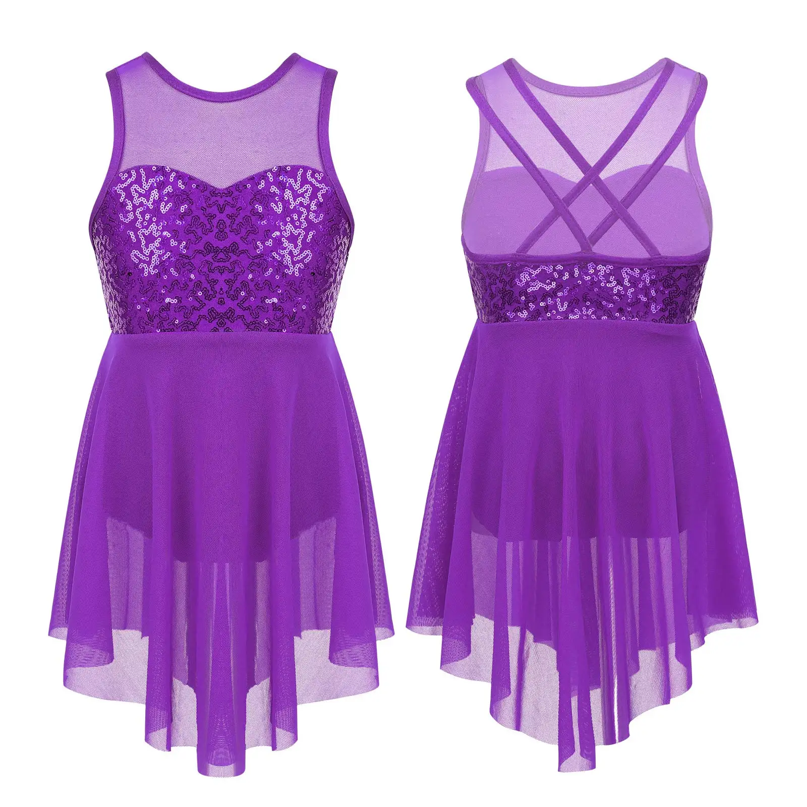 Girls Shiny Rhinestone Jazz Ballet Dance Dress Decorated Collar Sequins Mesh Tassel Hem Dance Leotards Dance Performance Dress - Image 22