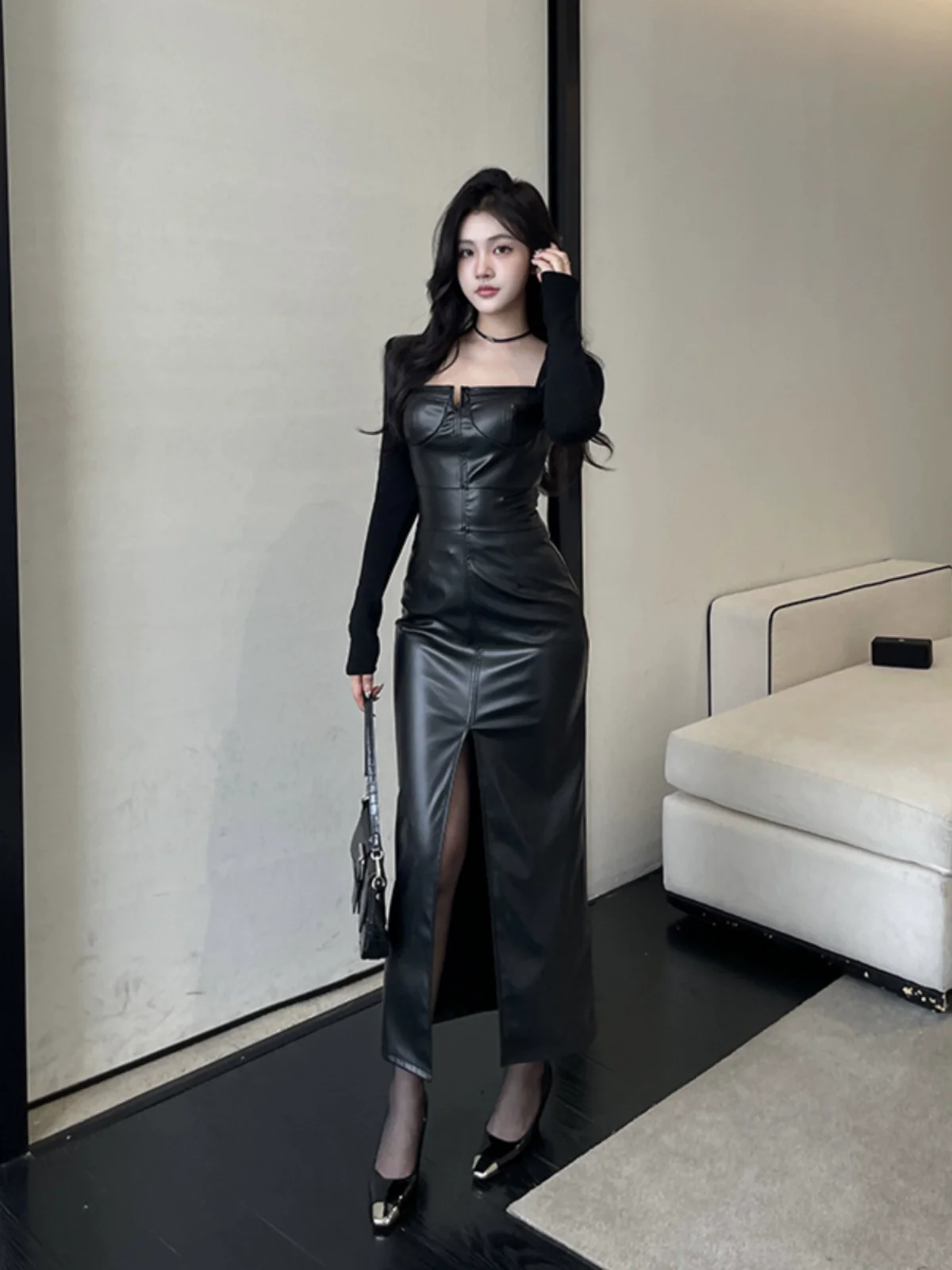Girlsat18 Slim Pu Slit Black Leather Skirt - Image 3