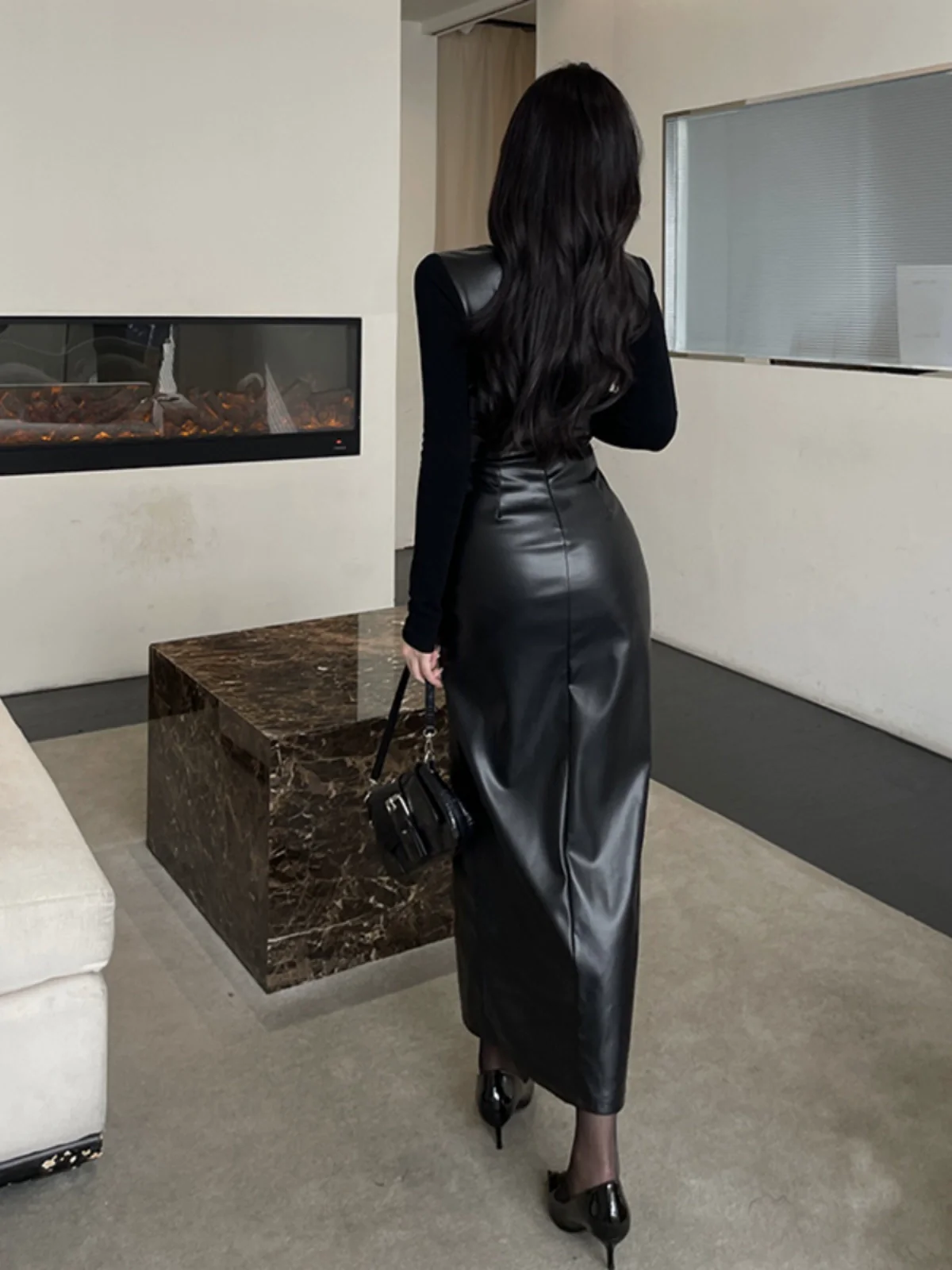 Girlsat18 Slim Pu Slit Black Leather Skirt - Image 6