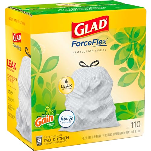 Glad Trash Bags, ForceFlex Protection Series Tall Garbage Bags, 13 Gal, Gain Original with Febreze, 110 Ct (Package May Vary) - Image 18