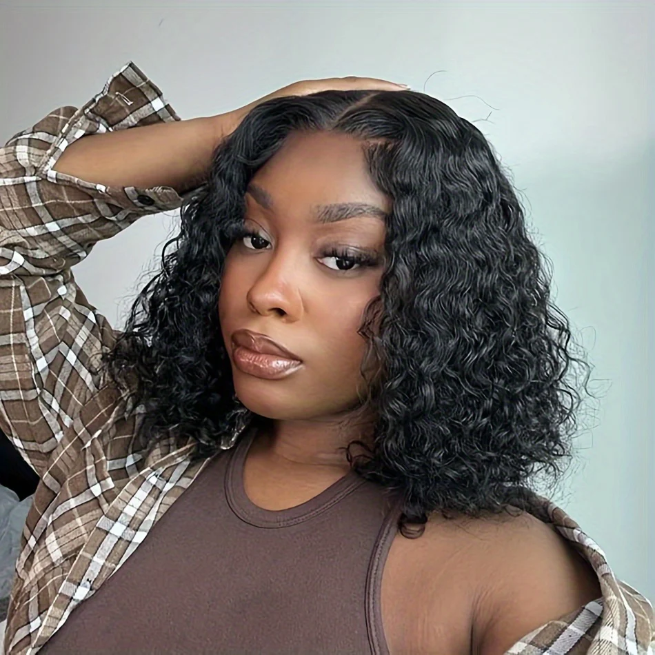 Glamorous Deep Wave Brazilian Human Hair Wig for Women - Glueless 4x4 Transparent Lace Frontal, Pre-Plucked, Free Part, 150% Density, Natural Black - Image 8