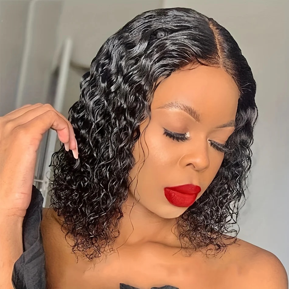 Glamorous Deep Wave Brazilian Human Hair Wig for Women - Glueless 4x4 Transparent Lace Frontal, Pre-Plucked, Free Part, 150% Density, Natural Black - Image 5