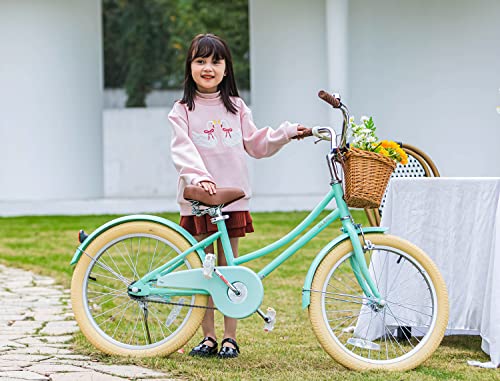 Glerc Little Molly 20 inch Kids Retro Cruiser Bike Bicycle for Girls Ages 7 8 9 10 11 12 13 Year Old with Wicker Basket & Lightweight & Kickstands & Bell for Birthday Gift Mint Green - Image 3