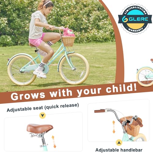 Glerc Little Molly 20 inch Kids Retro Cruiser Bike Bicycle for Girls Ages 7 8 9 10 11 12 13 Year Old with Wicker Basket & Lightweight & Kickstands & Bell for Birthday Gift Mint Green - Image 4