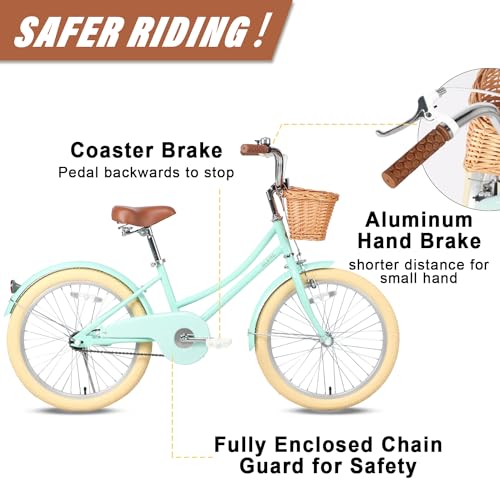 Glerc Little Molly 20 inch Kids Retro Cruiser Bike Bicycle for Girls Ages 7 8 9 10 11 12 13 Year Old with Wicker Basket & Lightweight & Kickstands & Bell for Birthday Gift Mint Green - Image 5