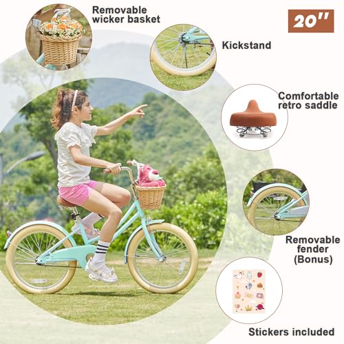 Glerc Little Molly 20 inch Kids Retro Cruiser Bike Bicycle for Girls Ages 7 8 9 10 11 12 13 Year Old with Wicker Basket & Lightweight & Kickstands & Bell for Birthday Gift Mint Green - Image 6