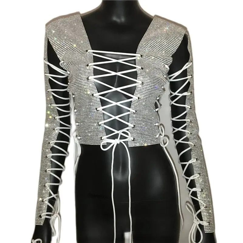Glitter Rhinestones Criss Cross Bandage T Shirt Crystal Diamonds Long Sleeve Crop Top Sexy Women Club Party Fashion Tops 2022 - Image 10