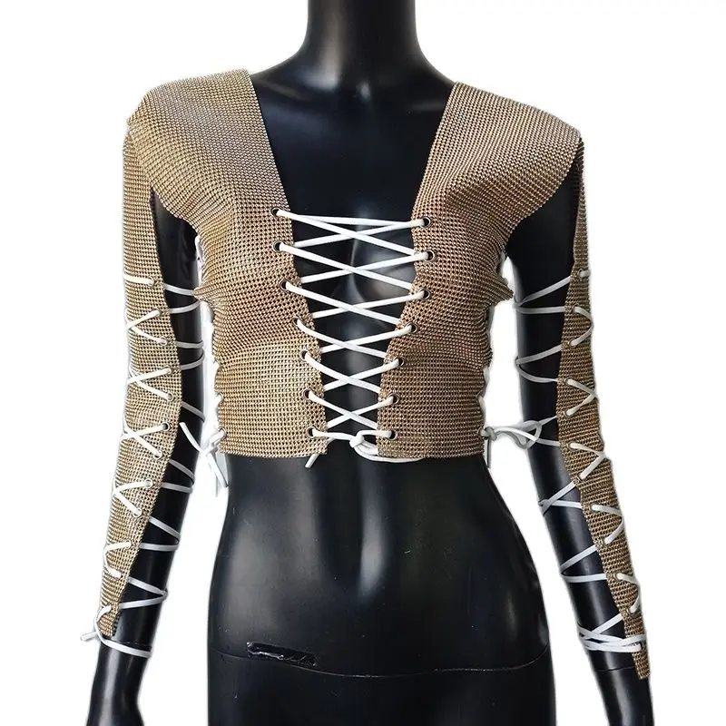 Glitter Rhinestones Criss Cross Bandage T Shirt Crystal Diamonds Long Sleeve Crop Top Sexy Women Club Party Fashion Tops 2022 - Image 11