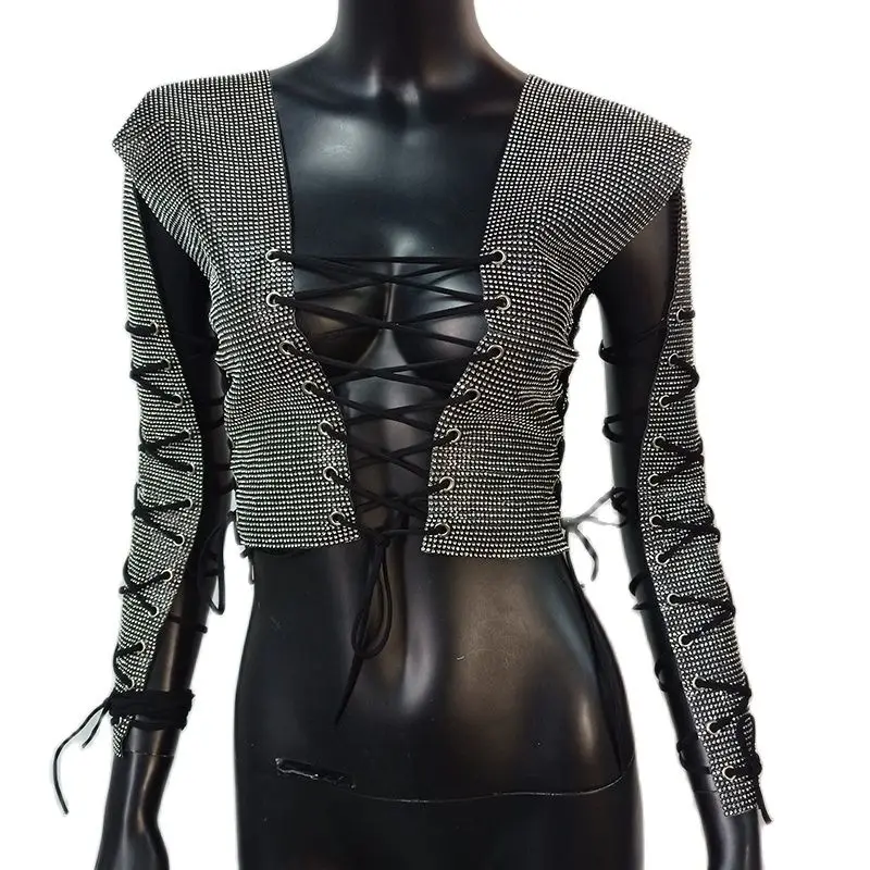 Glitter Rhinestones Criss Cross Bandage T Shirt Crystal Diamonds Long Sleeve Crop Top Sexy Women Club Party Fashion Tops 2022 - Image 12