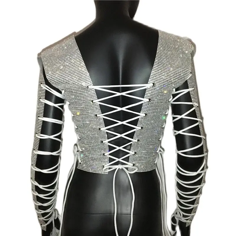 Glitter Rhinestones Criss Cross Bandage T Shirt Crystal Diamonds Long Sleeve Crop Top Sexy Women Club Party Fashion Tops 2022 - Image 6